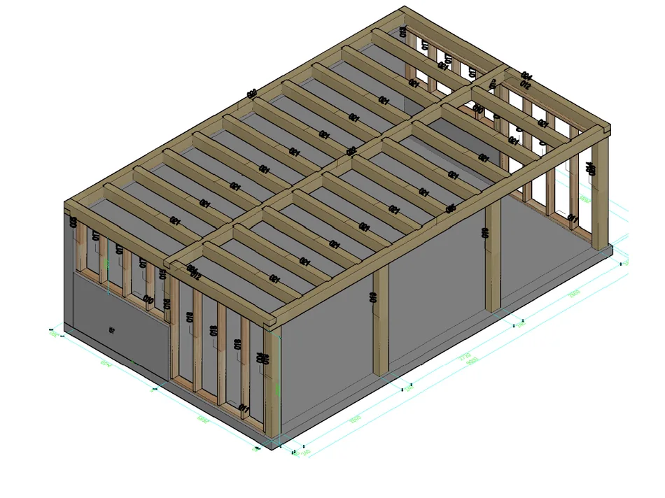 Planblatt mit 3D-Ansicht der Balkenlage und Positionsplan mit Maßen